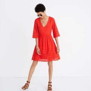 Madewell Bright Red V-Neck Eyelet Dress Sz4